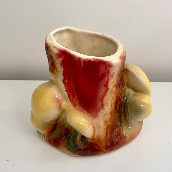 MID CENTURY Vintage TREE STUMP & MUSHROOM Ceramic PLANTER Burgundy GARDEN Fairy - Picture 2 of 2